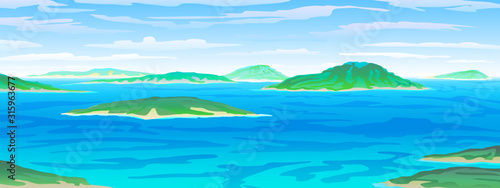 vector Tropical ocean landscape with island at turquoise ocean waives with near beach. eps 10 illustration background View of blue paradise
