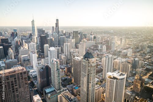 The Chicago skyline viewed from the top of a tall building in Michigan.