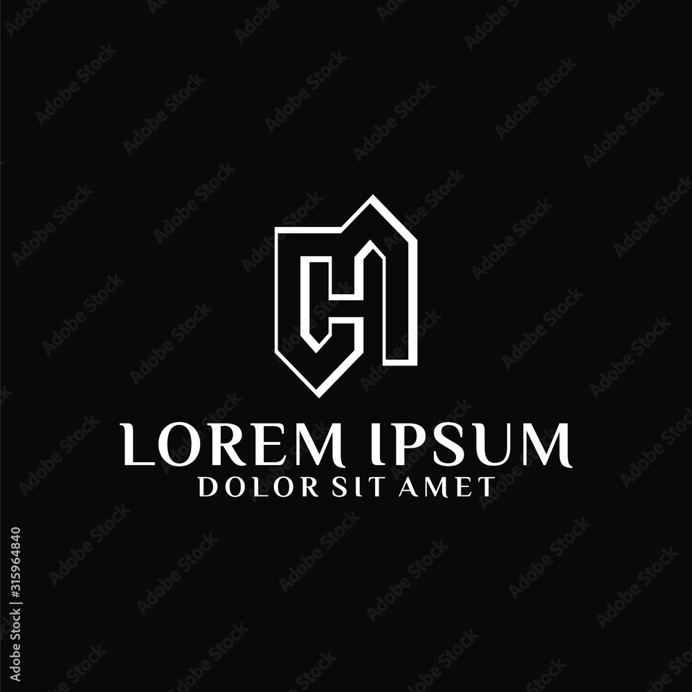 Initial letter CH or CM logo template with negative space line art symbol in flat design monogram illustration Initial letter CH or CM logo template with negative space line art symbol in flat design monogram illustration
