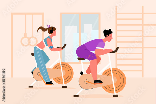 Exercise stationery bike, training apparatus vector illustration. Athletes and gym equipment, sportsmen exercising on simulator flat characters. Sport active lifestyle, regular training, healthy habit
