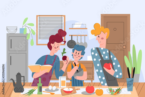 Family cooking, people in kitchen vector illustration. Parents and son preparing dinner together, mother and father teaching child to cook food flat characters. Holiday, recreation, family leisure