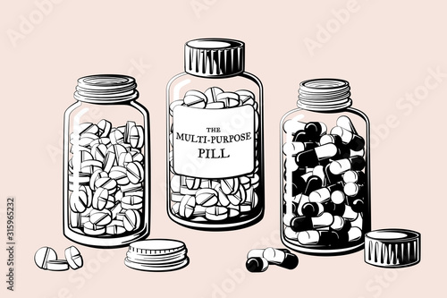 Vintage pill bottles vector illustration. A set of tablet and capsule pills in glass and plastic bottles.