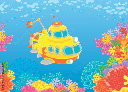 Exploratory deep-sea bathyscaphe with a manipulator swimming over colorful coral reef in blue water of a tropical sea, vector cartoon illustration
