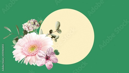 Vector illustration set collage posters different flowers on green background. Art for for postcards, wall art, banner, background.
