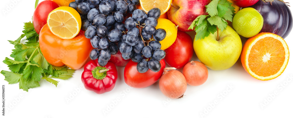 Fruits and vegetables isolated on white background. Wide photo. - obrazy, fototapety, plakaty 
