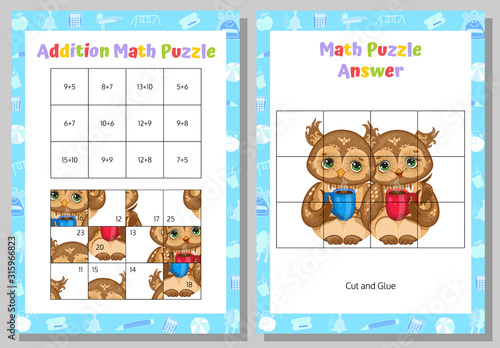 Addition Math Puzzle Worksheet. Educational Game. Mathematical Game. Vector illustration.