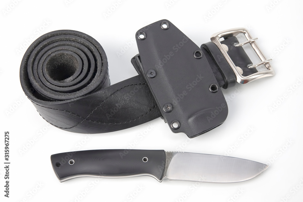 knife for tourism and hunting with a plastic case on a black leather belt on a white background knife for tourism and hunting with a plastic case on a black leather belt on a white background