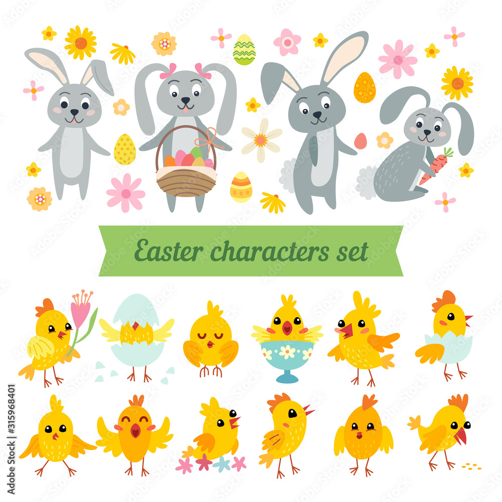 Naklejka premium Set of easter bunnies, chicks and eggs isolated icons on white background.