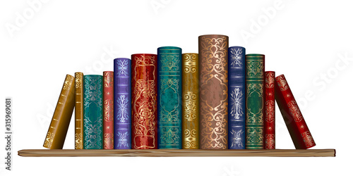 Books on the shelf. Wall sticker. Artistic, hand-drawn image of colorful old books standing on a shelf on a white background.