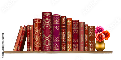 Books on the shelf. Wall sticker. Artistic, hand-drawn image of red old books with a bouquet of roses in a Golden vase standing on a shelf on a white background.