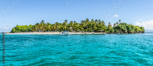 Cayo Levantado, Samana Bay, Dominican Republic. Panoramic view of Caribbean Islet with coconut palm trees and white sand beach.