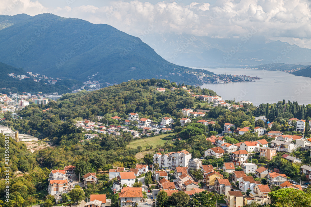  Aerial view of the city of Herceg Novi and Kotor Bay from Spanjola fortress, Montenegro.