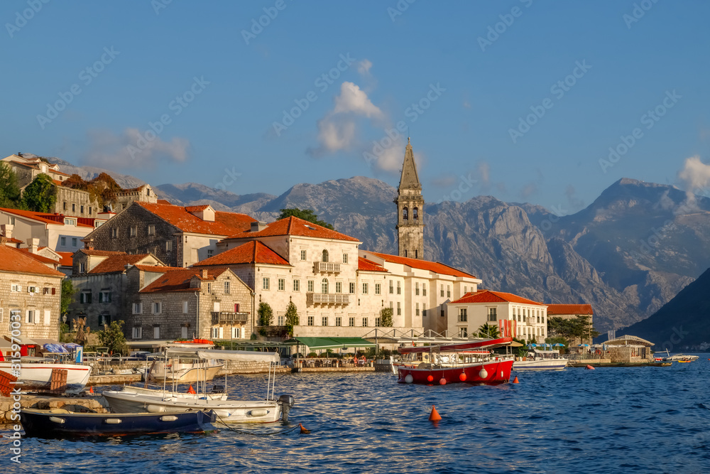 Panoramic view of the historic town of Perast at the Kotor Bay (Boka Kotorska) at golden hour. Perast, Montenegro.