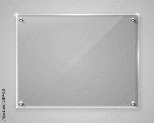 Realistic horizontal transparent glass frame with shadow. Modern background.