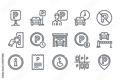 Car parking related line icon set. Paid parking and private entry linear icons. Garage and car-park outline vector sign collection.