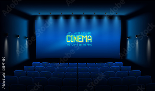 Empty movie theatre. Dark cinema hall with with blue screen. Modern movies theater for festivals and films presentation. Interior design. Online Cinema concept. Vector illustration. photo