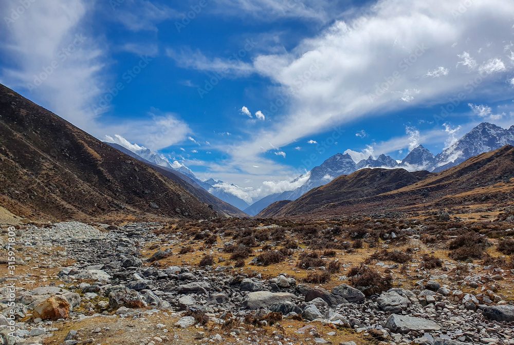 Beautiful stony landscape, view from Dragnag village. Everest base camp trek: from Gokyo to Dragnag. Beautiful stony landscape, view from Dragnag village. Everest base camp trek: from Gokyo to Dragnag.