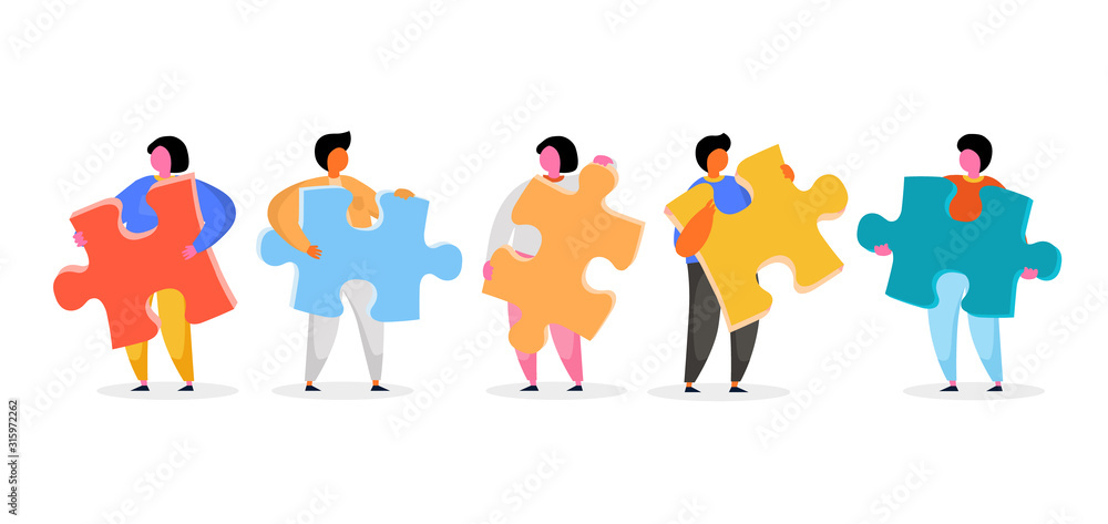 Group of people holding jigsaw puzzle. Vector