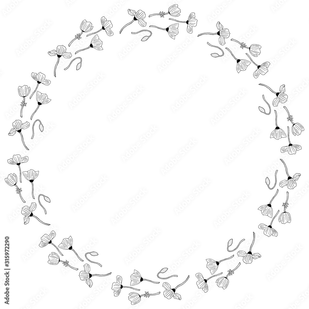 Round frame of horizontal lovely black and white poppies on white background. Isolated frame for your design.