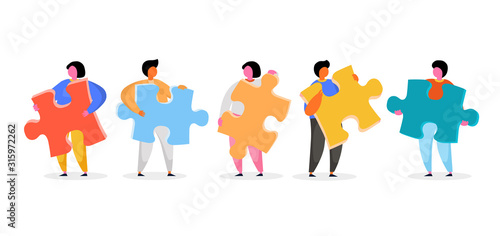 Group of people holding jigsaw puzzle. Vector