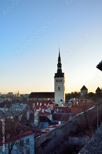 View of the Church of Niguliste in Tallinn on a winter evening