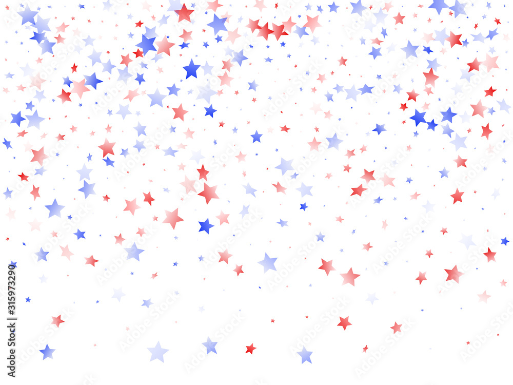 Flying red blue white star sparkles on white vector american patriotic background. Flying red blue white star sparkles on white vector american patriotic background.