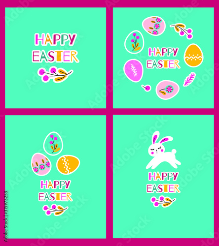 Collection of templates for easter card with cute easter symbols: spring flowers, bunny, eggs and lettering