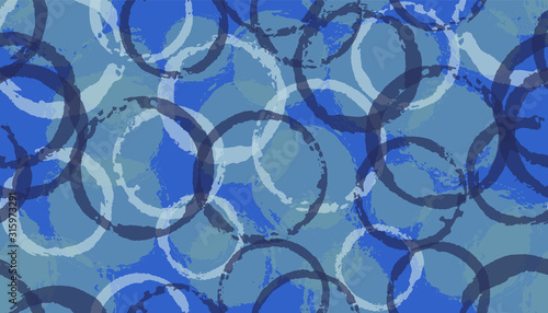 Distressed painted circle stamps textile print. Circular splotch overlapping elements vector 
