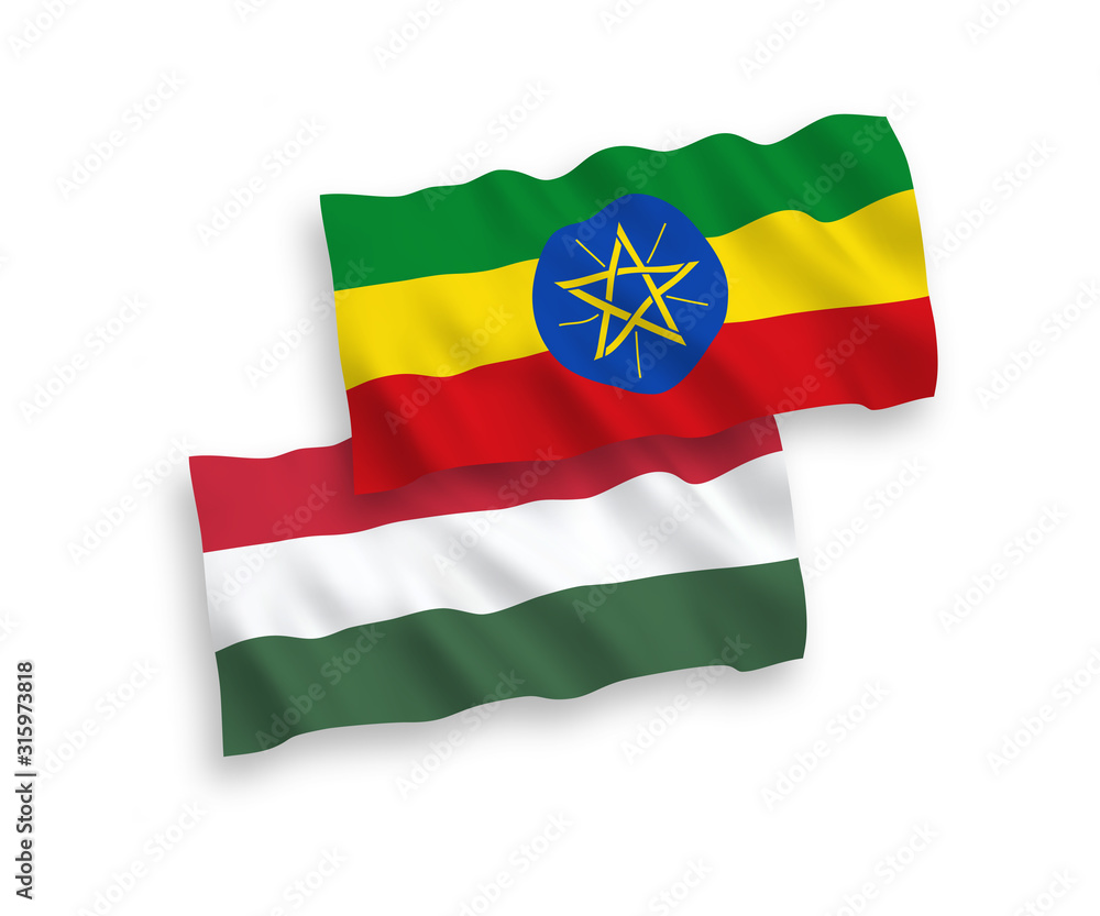 National vector fabric wave flags of Ethiopia and Hungary isolated on white background. 1 to 2 proportion. National vector fabric wave flags of Ethiopia and Hungary isolated on white background. 1 to 2 proportion.