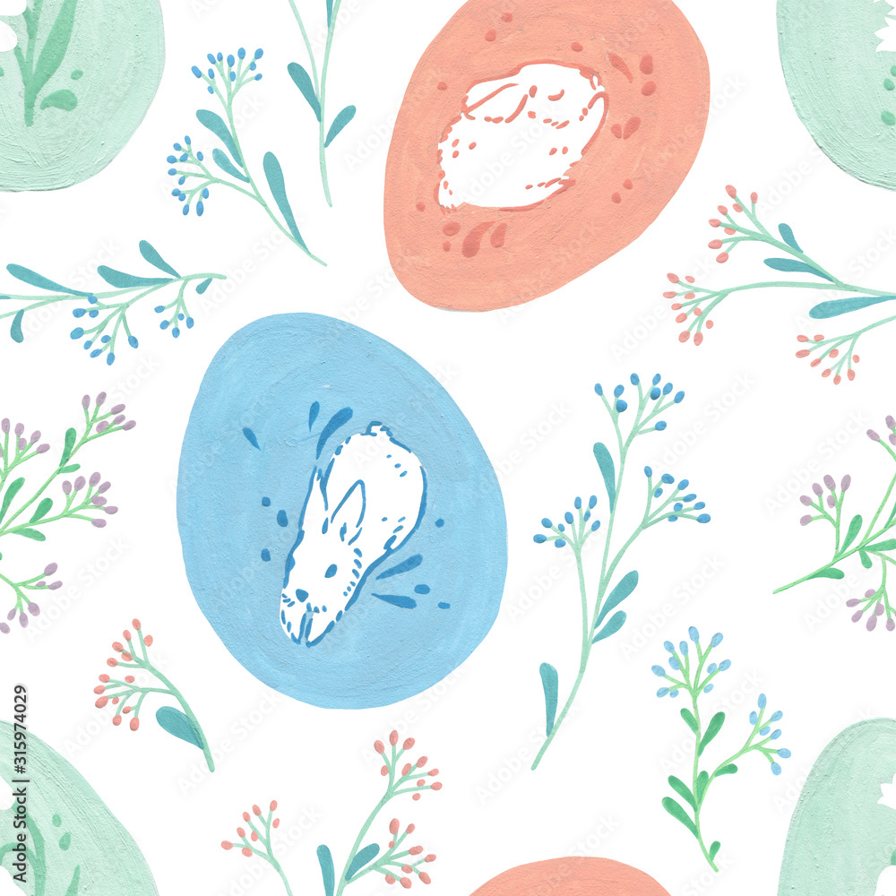 Easter eggs seamless pattern. Easter banner on white background. Paschal bunny. Holidays herbal decoration. Easter celebration blush flowers. Gift wrap wallpaper. Blossom spring decorative floral art Easter eggs seamless pattern. Easter banner on white background. Paschal bunny. Holidays herbal decoration. Easter celebration blush flowers. Gift wrap wallpaper. Blossom spring decorative floral art