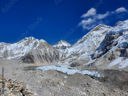 Everest mountain and Khumbu glacier view. Everest base camp, a legendary place for all trekkers who explore Himalayas. Solokhumbu, Nepal photo