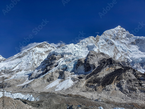 Everest mountain and Khumbu glacier view. Everest base camp, a legendary place for all trekkers who explore Himalayas. Solokhumbu, Nepal photo