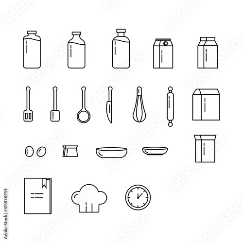 Outline tools for cooking. Kitchen objects and products collection. Vector baking line black set.