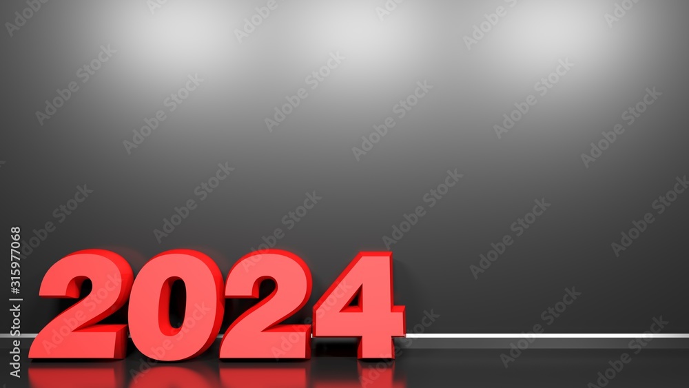 2024 red write at black glossy wall background - 3D rendering illustration 2024 red write at black glossy wall background - 3D rendering illustration
