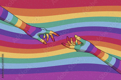 Reaching hands. Rainbow, LGBT flag. Gay Pride. Romantic LGBT concept. Rainbow colored hand. Abstract vector colorful illustration for poster, t-shirt print, postcard