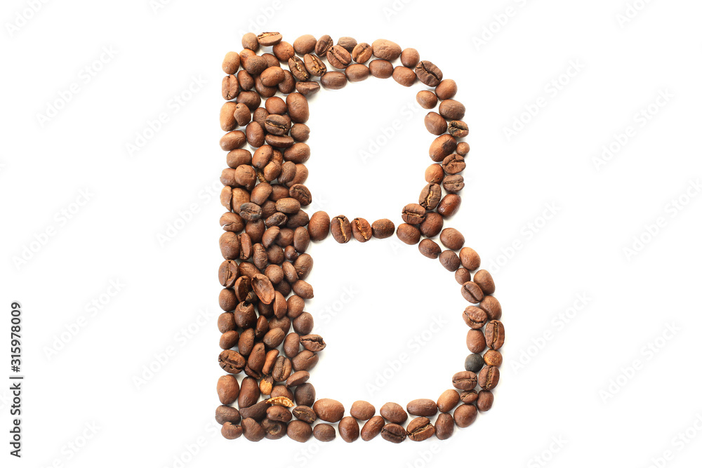 Coffee beans. Letter B made from coffee beans on a white background. Brown Coffee beans. Letter B made from coffee beans on a white background. Brown