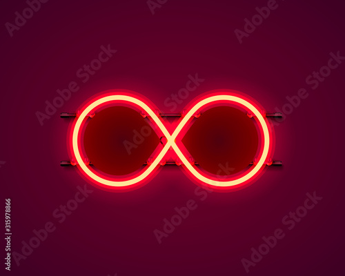 Infinity neon symbol on the red background.
