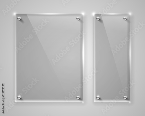 Realistic horizontal transparent glass frame with shadow. Modern background.