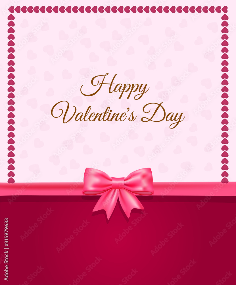 Happy Valentine's Day greeting card, poster, banner, flyer with pink hearts, ribbon and text. Luxury vector illustration on  isolated background