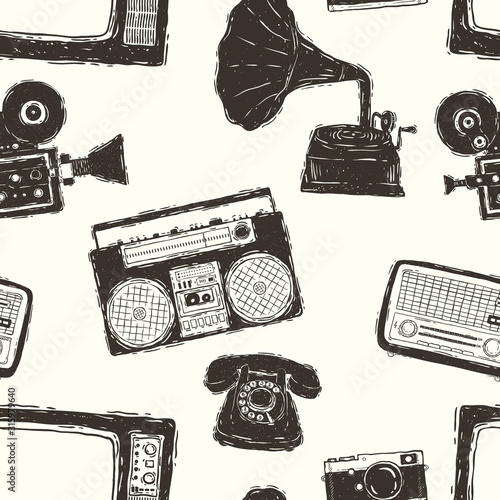 Seamless pattern grunge with vintage media devices