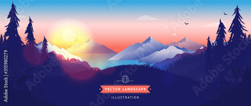 Vector landscape illustration - Sunset over stunning forest, ocean and mountain environment. Birds flying in the sky, peaceful wilderness, mindfulness, meditation background.