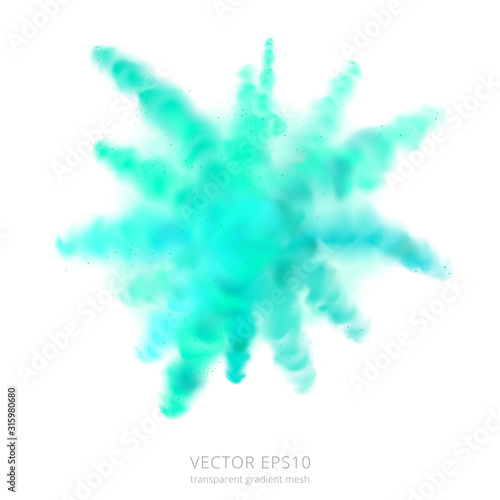 Cyan abstract burst. Explosion of color powder. Volume splash of turquoise pigment. Transparent fluffy cloud of teal dye. Realistic vector blast of dry paint that is thrown during the Holi festival