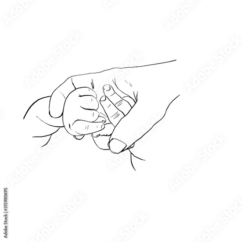 Outline sketch of mother hand holding baby arms.