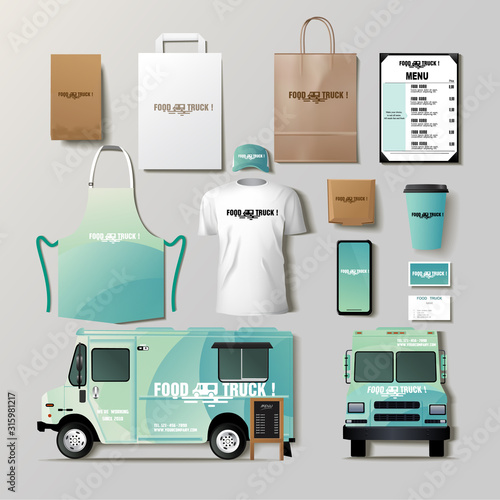 Vector food truck corporate identity template design set. Branding mock up.