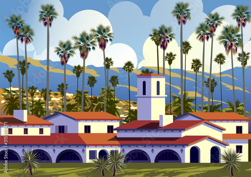 Californian cityscape with palm trees, houses and mountains in the background.
