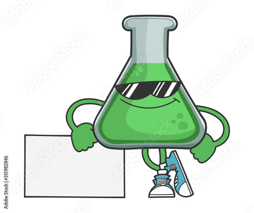 Science test tube with sunglasses leaning on sign