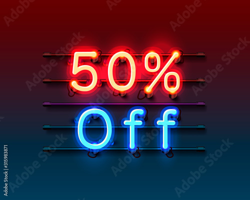 Neon frame 50 off text banner. Night Sign board.
