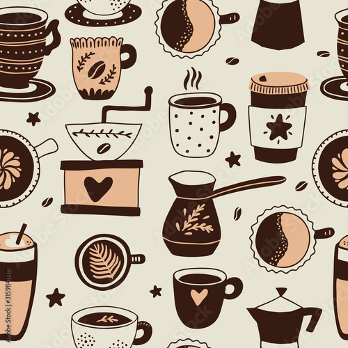 Seamless pattern of coffee. Set of hot drinks - coffeemaker machine   cups  beans  grinder. Background for restaurant or cafe menu  shop wrapping paper. Vector hand-drawn illustration.