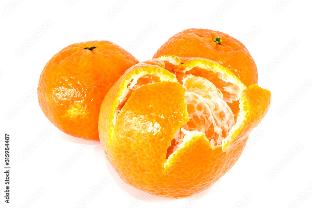 Orange mandarins,  tangerine peel or mandarin slice isolated on white background