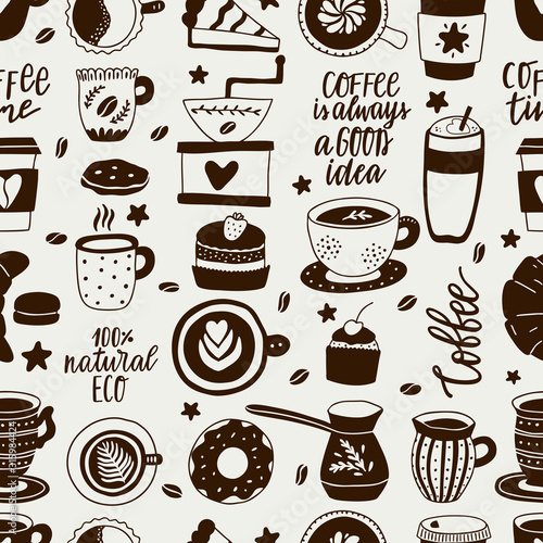 Seamless pattern of coffee. Background for restaurant or cafe menu  shop wrapping paper. Vector hand-drawn illustration.